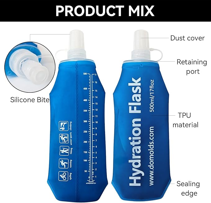 2Pcs 250ml Soft Flask Folding TPU Hydration Flask Running Water Bottle(8.8 oz), Water Pouch for Running Vest, Hiking, Cycling (Blue 250ml)