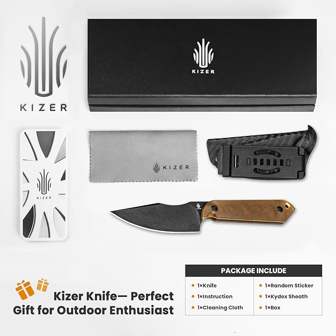 Kizer Harpoon Mini Fixed Blade Knife with Sheath, 3V Steel Blade Hunting Knife, PEI Handle Camping EDC Knives for Camping, Hiking, Survival 1040S5