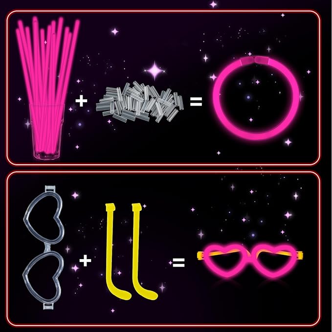 60 Pack 8??Pink Glow Sticks Bulk Bright Glow Sticks with 60 Connectors 20 Heart Glasses Glow In The Dark Party Supplies Neon Party Decorations Glow Bracelet Glasses for Holiday Carnival (Pink)