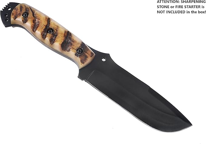 Ottoza Fixed Blade Hunting Knife with Leather Sheath and Horizontal Carry - Full Tang Outdoor Survival and Camping Knife for Men - Ram Horn Handle 353