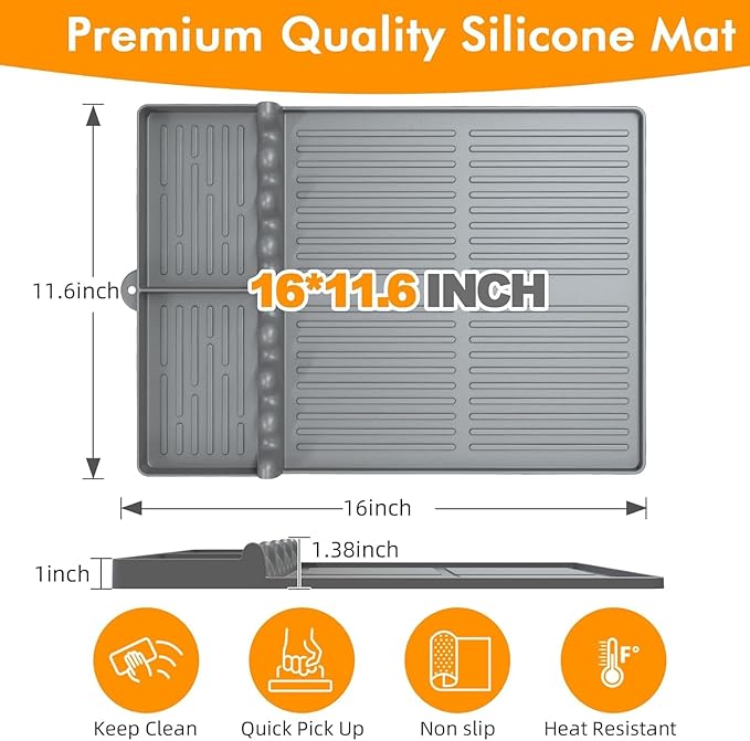 Griddle Mat Compatible with Blackstone, Silicone Grill Tools with Drip Pad, Spatula Mat for Outdoor Grill, Side Shelf Pad (Grey-2Pcs)