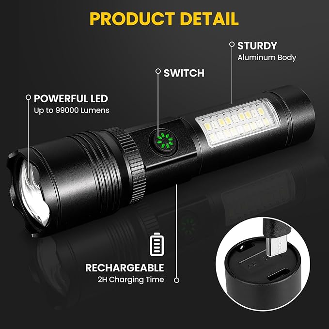 azamine Rechargeable Flashlights High Lumens, 99000LM Super Bright Flash Light with 6 Modes, Adjustable Powerful Handheld LED Flashlight for Home Camping