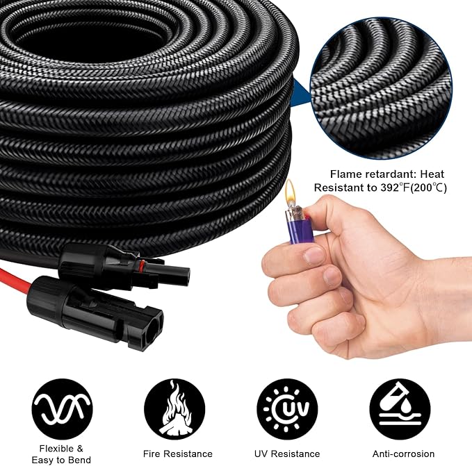Solar Panel Extension Cable - 10AWG 40FT Solar Wire with Female & Male Waterproof Connector Flame Retardant Protective Sleeving PV Wire for RV, Photovoltaic Systems, Home, Boat, Solar Panels, Car