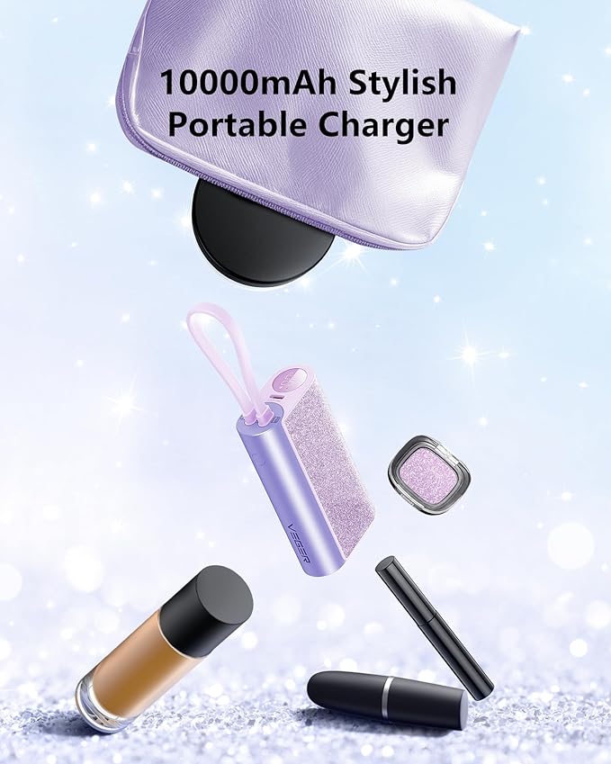 VEGER Compact Portable Charger with Built in Cable(Removable), 10000mAh Cute Power Bank 20W Fast Charging, Sparkling Battery Pack Fashion Travel Accessory Compatible with iPhone 15/14, Android-Purple