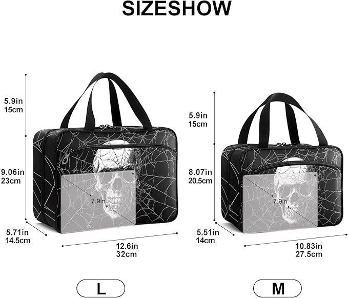 Fustylead Hand Draw Human Skull on Spider Web Travel Pill Bottle Organizer Large Home Storage Medication Bag with Zipper for Vitamins, First Aid, Fish Oil, Medical Supplies