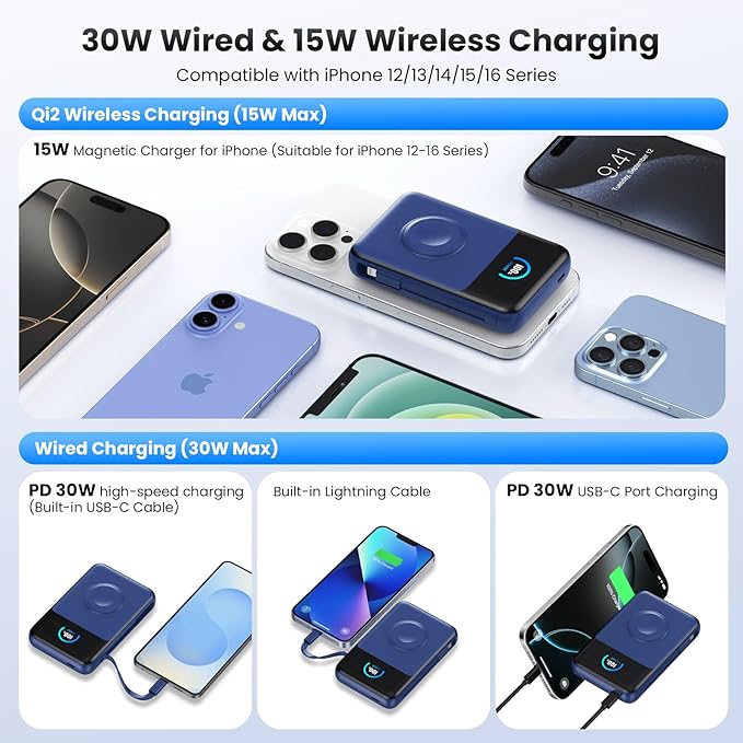 Magnetic Portable Charger 10800mAh with Built-in Cables,5-in-1 Qi2 Certified 15W Wireless Power Bank with iWatch Charger,30W PD Fast Charging USB-C Battery Pack for iPhone 17/16/15/14/13/12-Dark Blue