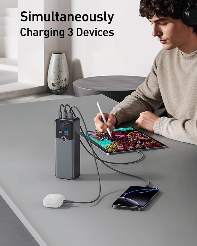 Power Bank, 20000mAh 3-Port Laptop Portable Charger with 140W Fast Charging, Smart Display, for Outdoor, Compatible with iPhone 16/15/14 Series, Samsung, MacBook, iPad, and More(White)