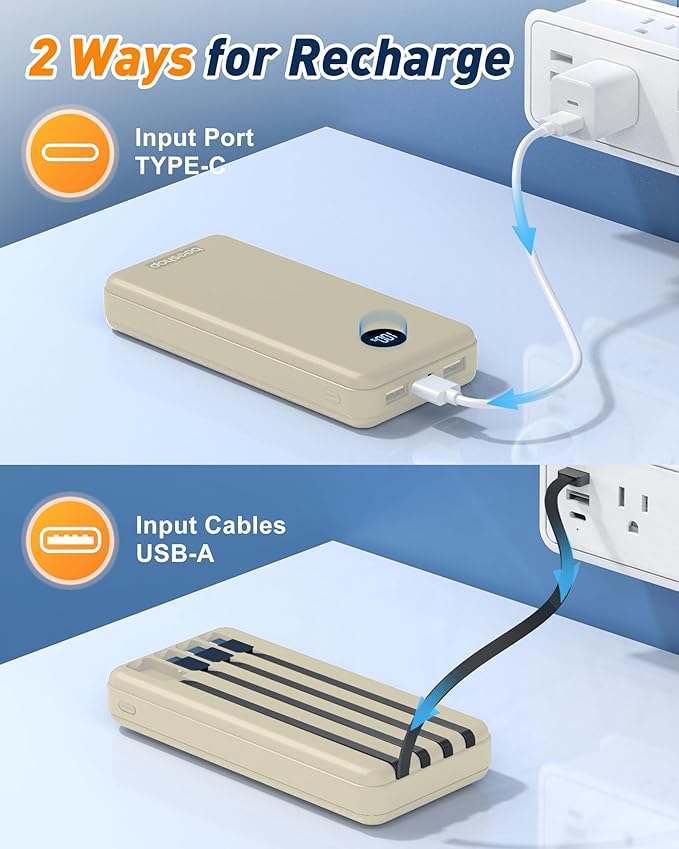 Portable Charger Power Bank - 37000mAh Portable Phone Battery with 4 Built-in Cables, 22.5W Fast Charging Battery Pack Bank Compatible with iPhone 16 15 14 13 Android Samsung Google Pixel etc(1 Pack)