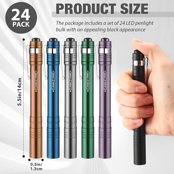 24 Pack Mini Pen Flashlights Bulk LED Pen Lights Aluminum Pocket Flashlights with Clips Small Handheld Torches Gifts for Camping Hiking Emergency Outdoor (Colorful)