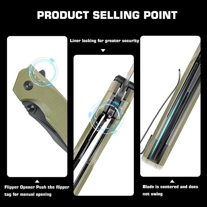 EDC Pocket Knife Rhino,3" D2 Steel Blade Durable G10 Handle, Folding Pocket Knives with Reversible Pocket Clip, Sharp Camping Hiking Pocket Knife for Men