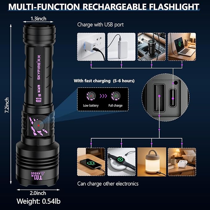 SKYFIRE Rechargeable Flashlights High Lumens: LED Super Bright Flashlight Zoomable with 5 Modes IPX6 Waterproof Handheld Powerful Flash Light for Camping,Emergenciesr,Home&Gifts(with Ignition Lens)