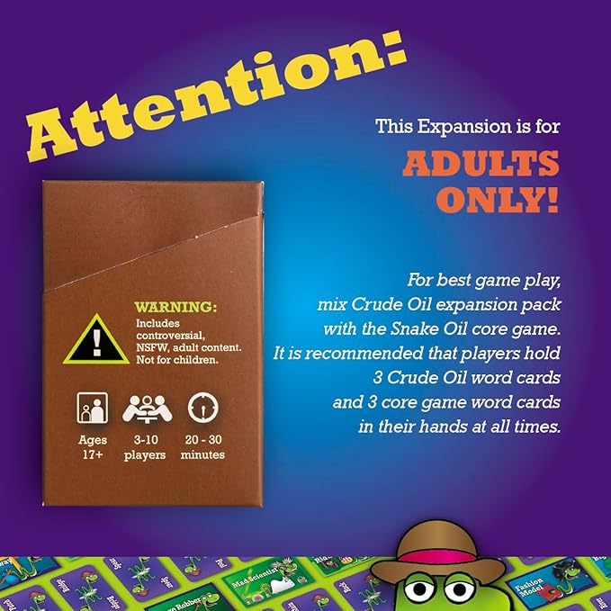 SNAKE OIL - The Silly Selling Party Game - Funny Group 3-10 Player Card Games - Fun Travel Activity - for Adults - Uncensored - Crude Oil Expansion for Ages 17+