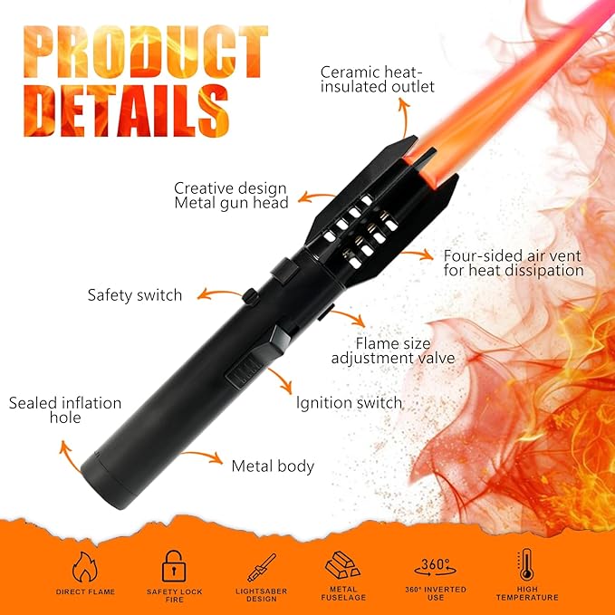 Camping Torch Lighter, Bright Fire Windproof Butane Refillable Straight Flame Lighter with Safety Lock and Adjustable Red Blue Flame for Tactical Outdoor Hiking Campfires BBQ Kitchen Candles (Blue)