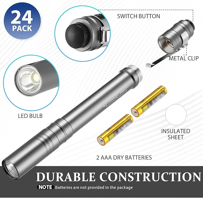 24 Pack Mini Pen Flashlights Bulk LED Pen Lights Aluminum Pocket Flashlights with Clips Small Handheld Torches Gifts for Camping Hiking Emergency Outdoor (Silver Gray)