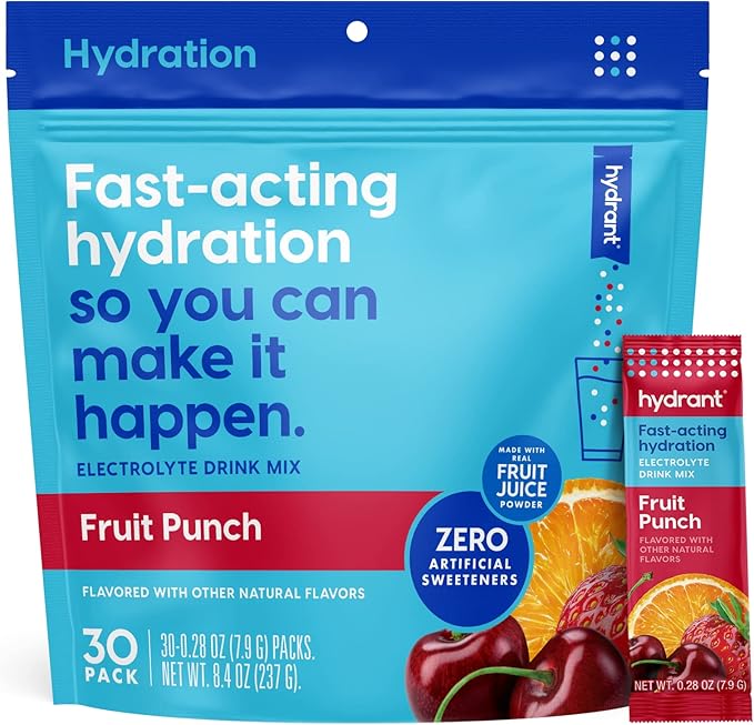 HYDRANT - Hydrate Electrolyte Powder, Fruit Punch Flavor, 30 Rapid Hydration Individual Stick Packs - Low Sugar Drink Mix for Daily Use, Travel & Workouts