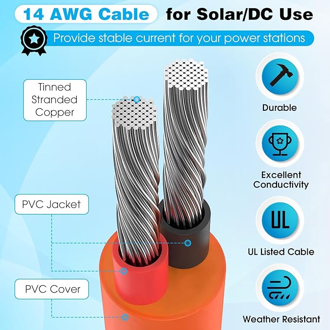 Tellingyou Solar Connector to DC 8mm Adapter Cable, 8.2 ft 14AWG Solar Panel Cable with DC8020/7909, Compatible with Jackery Explorer 160 240 500 1000, Compatible with BLUETTI Portable Power Station