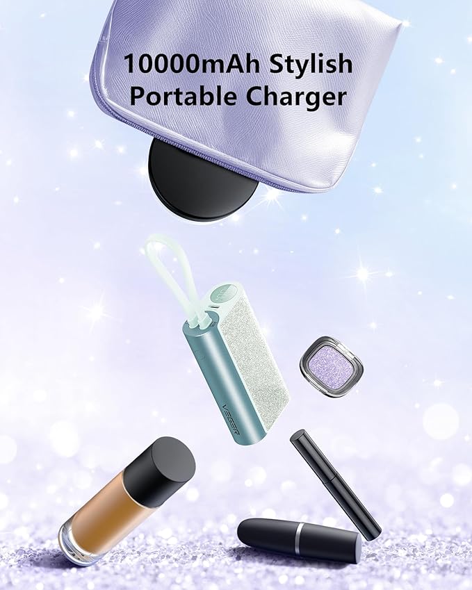 VEGER Compact Portable Charger with Built in Cable(Removable), 10000mAh Cute Power Bank 20W Fast Charging, Sparkling Battery Pack Fashion Travel Accessory Compatible with iPhone 15/14, Android-Green