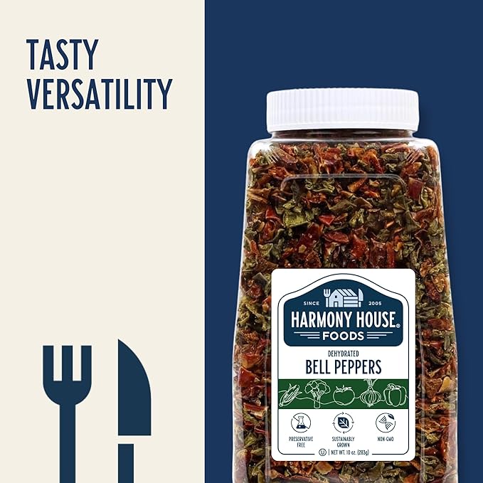 Harmony House Dried Mixed Bell Peppers, Diced ??Dehydrated Vegetables for Cooking, Camping, Emergency Supply and More