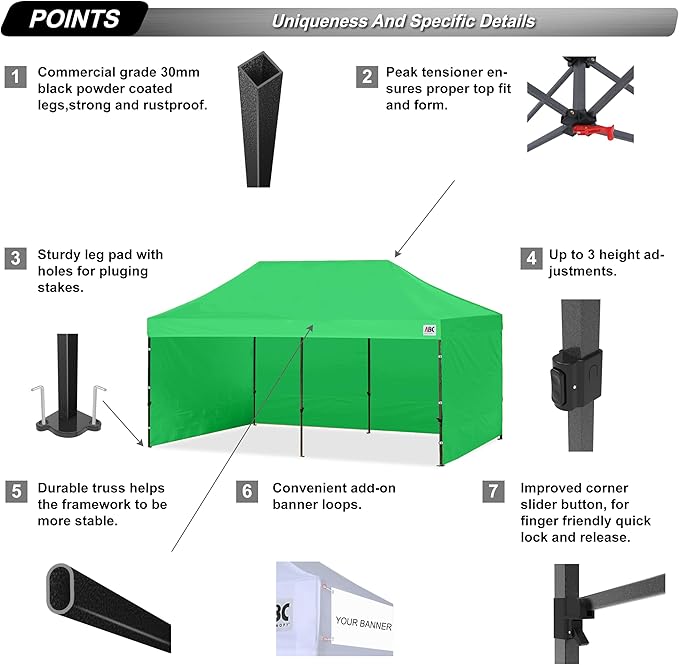 ABCCANOPY Heavy Duty Easy Pop up Canopy Tent with Sidewalls 10x20, Kelly Green