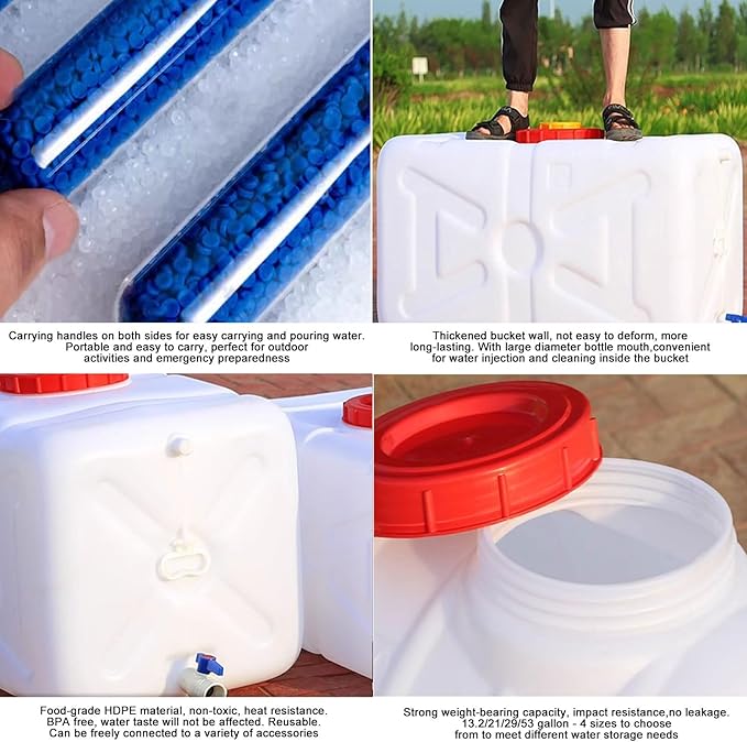 Portable Water Container with Cap Spigot, Food Grade HDPE Camping Water Storage Water Tank for Outdoors Hiking Picnic Vehicle Home Emergency(Size:50L,Color:White)