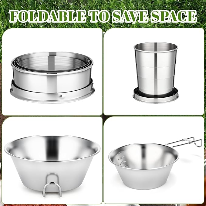 LemonRoad 2 Set Stainless Steel Camping Utensil Kit, Include 2 Collapsible Cups with Lid and Keychain, 2 Plates, 2 Bowls, 2 Spoons, 2 Forks and 2 Knives Camp Dinnerware for Hiking, Picnic, Travel