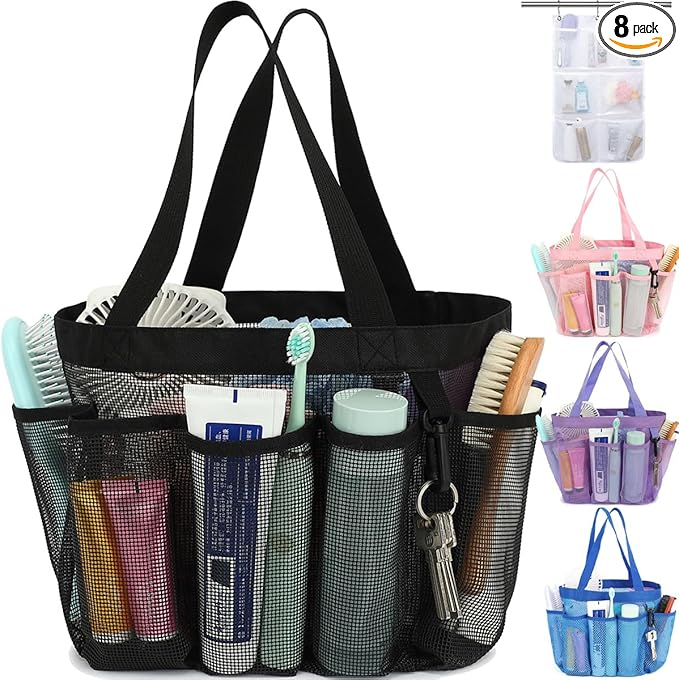Mesh Shower Caddy Portable for College Dorm Room Essentials, 8-Pocket Large Shower Basket Tote Bag with 2 Handles for Toiletry, Bathroom, Beach, Camp, Gym