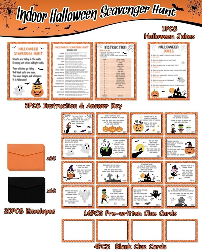 Sinasasspel Halloween Scavenger Hunt Clues Cards, Halloween Scavenger Treasure Hunt Games for Adults, Outdoor Indoor Halloween Pumpkin Ghost Witches Party Supplies Activities(20 Cards with Envelopes)