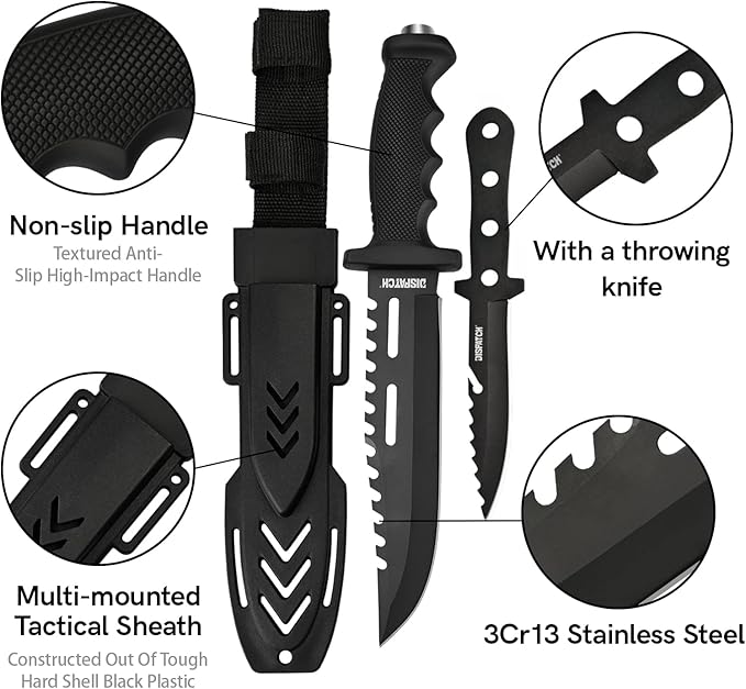 Dispatch Fixed Blade Hunting Knife with Sheath, 12" and 8" Survival Knives Set for Men Tactical Bowie Knife with Non-Slip Handle for Bushcraft, Outdoor Camping