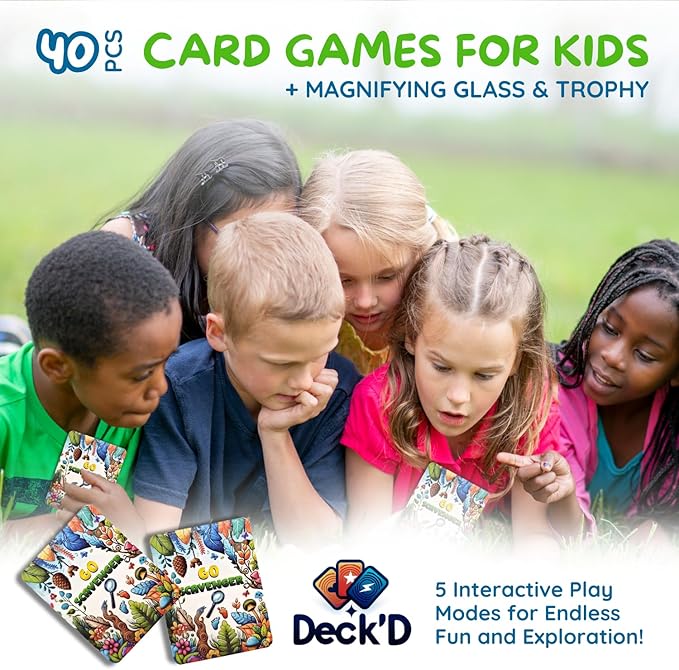 Deck?™D - Go Scavenger I 40 Toddler Scavenger Hunt Cards I Fun & Educational Outdoor Games with 5 Play Modes I Inc Magnifying Glass &Trophy I Scavenger Hunt for Kids Ages 4-8 and up