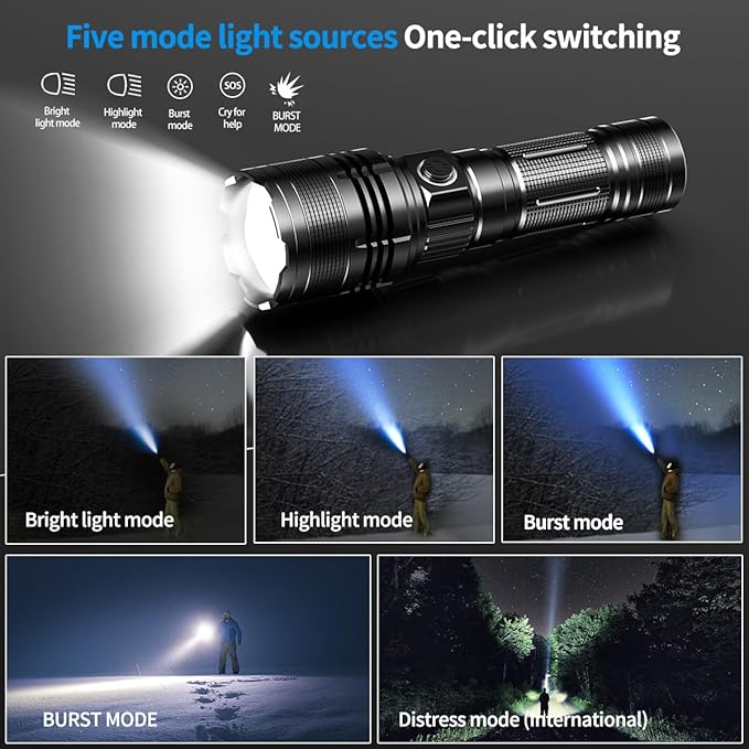 Rechargeable Flashlight, Tactical Flashlights 2000 High Lumens, USB C Bright Flashlights, 2 Pack Handheld LED Flashlight Rechargeable 5 Modes for Home,Camping, Police, etc