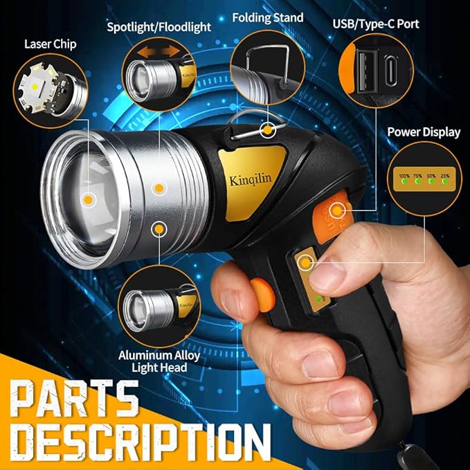 Rechargeable Spotlight with Adjustable Focus,2000LM,12H Long Lasting Handheld Spotlight with Foldable Stand Spot Lights IP67 Waterproof Outdoor for Camping Hunting Boating Emergency