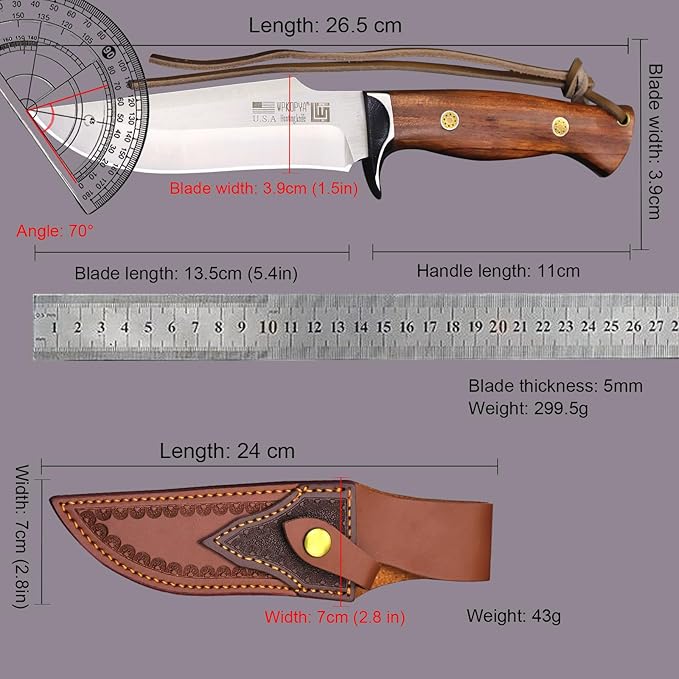 (USA 440C steel 10.5 inch outdoor hunting knife + leather sheath, suitable for outdoor travel, camping, survival, fishing, holiday gifts