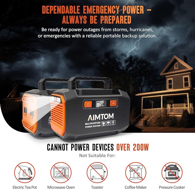 AIMTOM Portable Power Station 173Wh Lithium Battery, 200W AC Outlet (250W Surge), 18W USB-C, 2x USB-A, 2x 12V DC Outputs, LED Flashlight ??Ideal for Camping, Travel, Emergency Backup, RV, Home Use