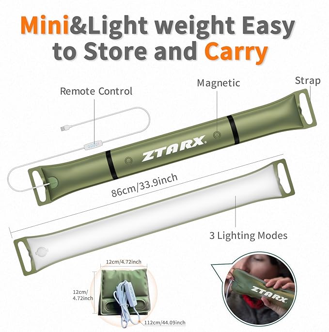 Inflatable Camping Light, 34" Expandable Tent Lantern, 4 Lighting Modes, IP66 Waterproof, Portable Plug-in Tube Light for Outdoor, Hiking, Emergencies