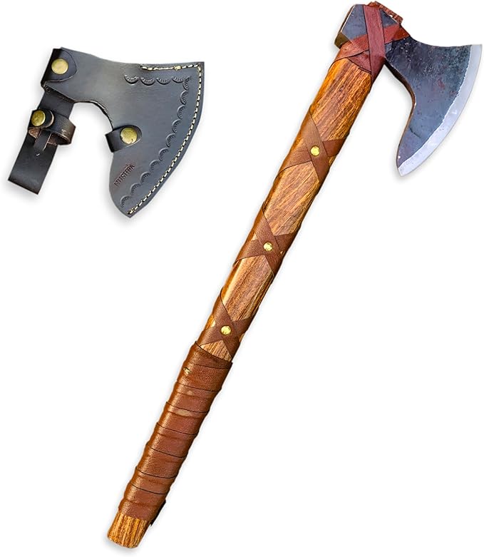 Ragnar Lothbrok Viking Style Axe with Forged Carbon Steel Blade, Handcrafted Rosewood Handle and Decorative Leather Sheath | Norse Inspired Collectible Gift for Men