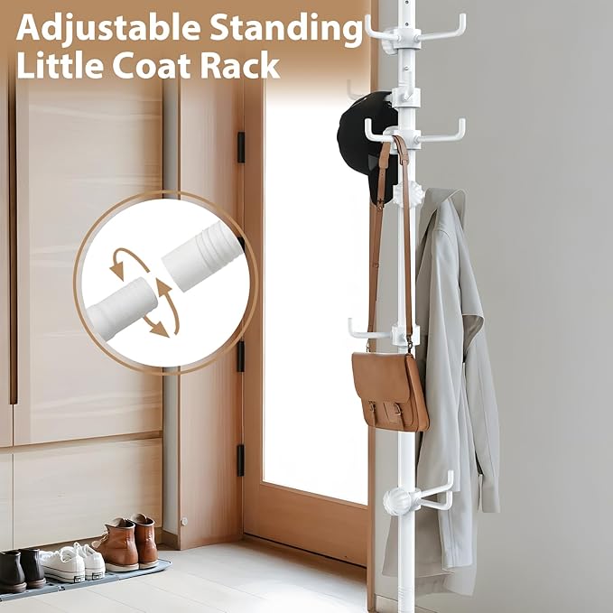 Coat Rack Freestanding, 56 to 125 inch Adjustable Tension Rod Coat Tree with 12 Hooks for Hanging Plant,Coat, Jacket, Hat, Scarf, Suitable for Living Room, Balcony, Kitchen White