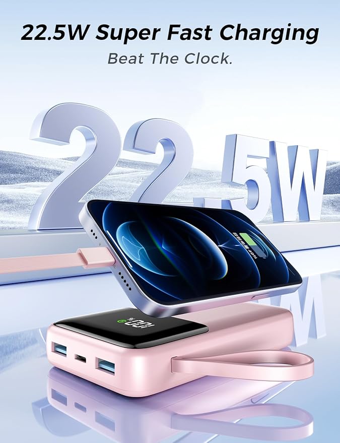 Power Bank, 15000mAh Portable Charger with Built in Cable, 22.5W Fast Charging, 6 Outputs, Slim Travel Essential Battery Pack with LED Display, Compatible with iPhone 16/15/14/13, Samsung, iPad, etc