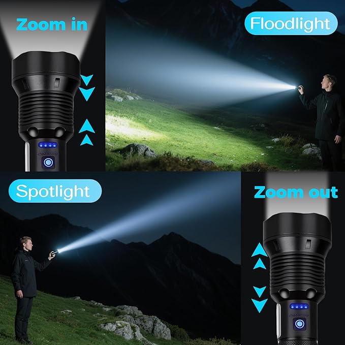 Rechargeable LED Flashlights High Lumens, Super Bright Tactical Flashlight with 7 Modes, Adjustable Focus, Powerful Handheld IPX6 Waterproof Flashlights for Home, Camping, Hiking, Emergencies