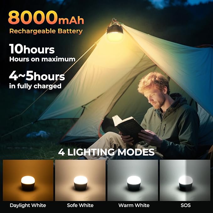 LED Camping Lantern, 8000mAh Rechargeable Tent Light with 3 Color Temperatures, 6-Level Dimming, Magnetic Base, IP44 Waterproof Emergency Hanging Lantern for Hurricane, Power Outage, Hiking, Home
