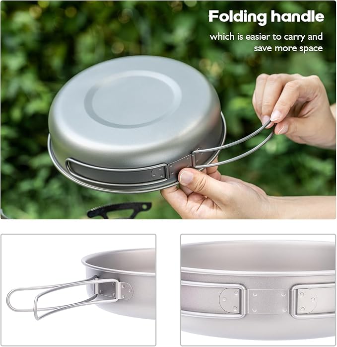 iBasingo 18cm Camping Frying Pan Titanium Skillet Saucepan Outdoor Cookware Lightweight Griddle Portable Plate with Foldable Handle Travel Picnic Hiking Backpacking Cooking Kit for 1 Person Ti2063C
