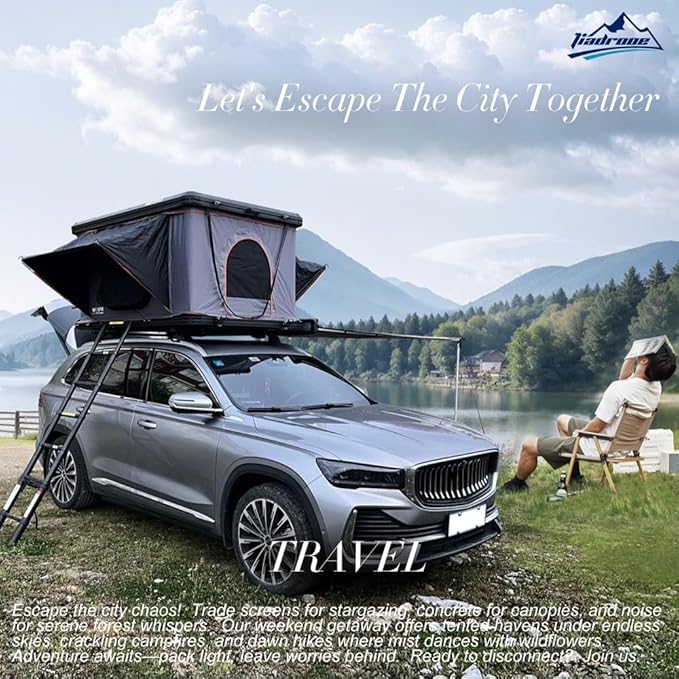 Rooftop Tent Hard Shell - Outdoor Car Camping 2-3 Person Truck, Sedan, SUV, Waterproof, Teardrop, Windproof, Sturdy, Easy Up Roof for SUV Road Trip Essentials Overland, Large, Black (Standard version)