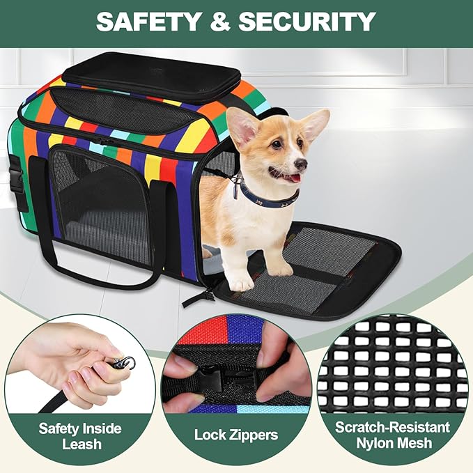 17x11x9.5 Inches Top-Expandable Pet Carrier Alaska Airline Approved, Soft Sided Carrier for Small Dog, Cat with 5-Sides Mesh Windows and Locking Safety Zippers(Rainbow)