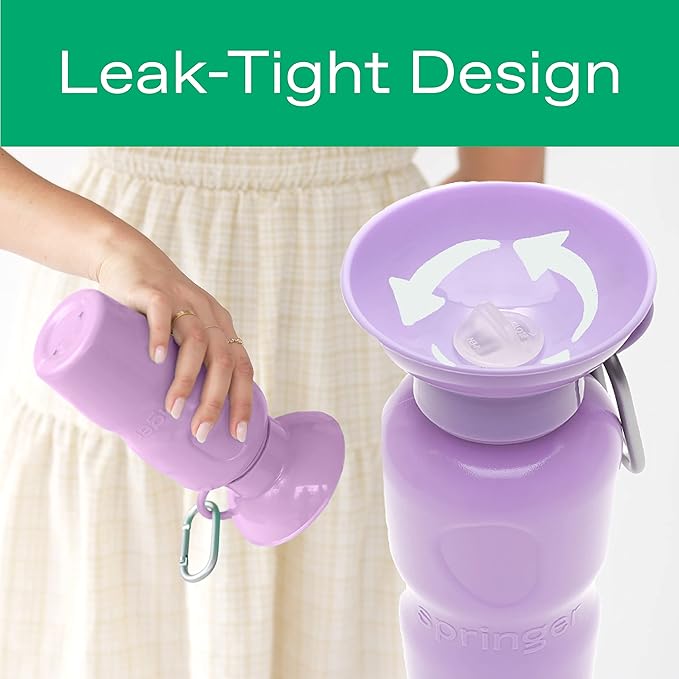 Springer Dog Water Bottle | Portable Travel Water Bottle Dispenser for Dogs | Dog Gift Seen on Oprah's Favorite Things, Shark Tank | Leak-Proof Bottles Fill Bowl with Water | BPA-Free 22oz Lilac