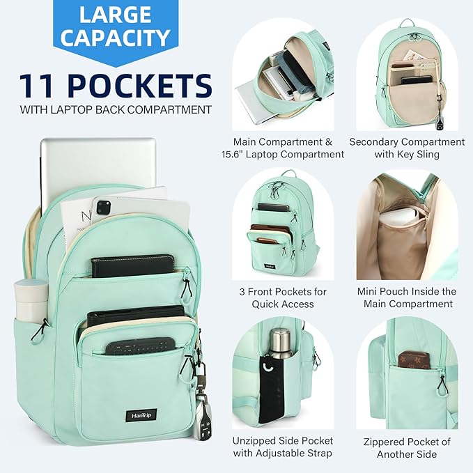 Carry On Travel Backpack For Women, 18 Inch Water Resistant Large Backpack Lightweight Bookbag For Men, 8x14x18 Personal Item Bag Casual Daypack Backpacks For Work Office Commuter (Cyan)