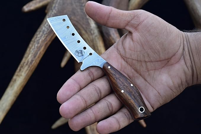 Knives Ranch Handmade High Carbon Damascus Steel Fixed Blade Knife ??6.25" Cowboy Ranch Knife with Rosewood Handle & Horizontal Carry Leather Sheath ??Hunting, Bushcraft, Camping, Survival, Scout Carry, EDC (3131-IRW)