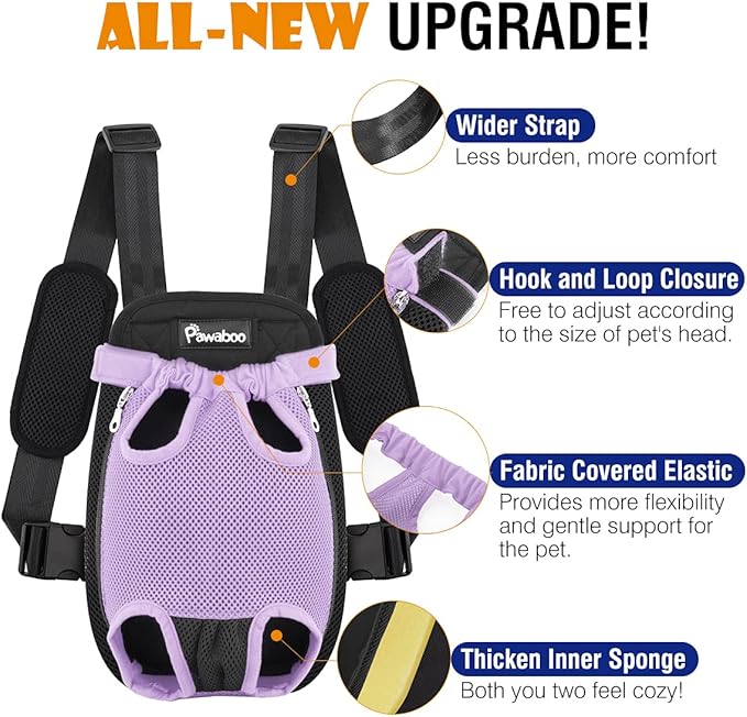 Pawaboo Pet Carrier Backpack, Adjustable Pet Front Cat Dog Carrier Backpack Travel Bag, Legs Out, Easy-Fit for Traveling Hiking Camping for Small Medium Dogs, Large Size, Purple