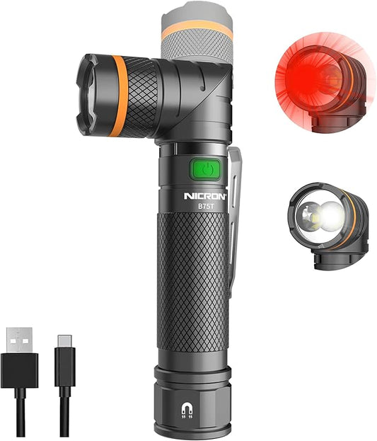 NICRON B75T LED Tactical Flashlight with Red White Dual Light, 90 Degree Rotating Head, Magnetic Base, Pocket Clip for Night Hunting, Camping, Emergency, Night Vision