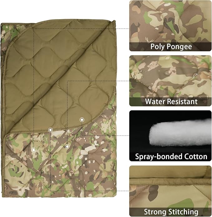 Poncho Liner Military Insulation Outdoor Camping Blanket for Travel, Beach, Grass, Picnic, Car Emergency, Outdoor, Survival