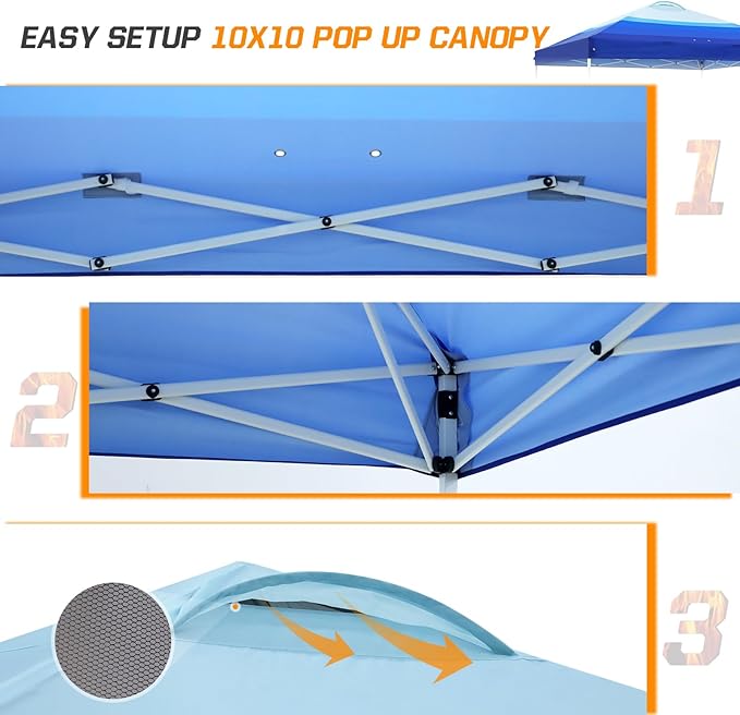 EAGLE PEAK Pop Up Canopy Tent with Wheeled Carry Bag, 8 Stakes, 4 Ropes, 4 Weight Bags, Easy Set Up Tent Canopy, 10x10 ft, 100sqft of Shade, Blue Fade Stripe