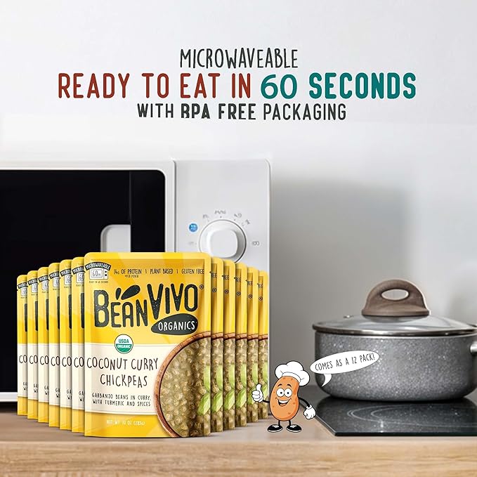 BeanVIVO (Pack of 12) Organics 14g Plant based Protein Coconut Curry Chickpeas - Good Source of Fiber - Nutritious & Microwave Meal - Gluten-Free Plant Food - 10 oz